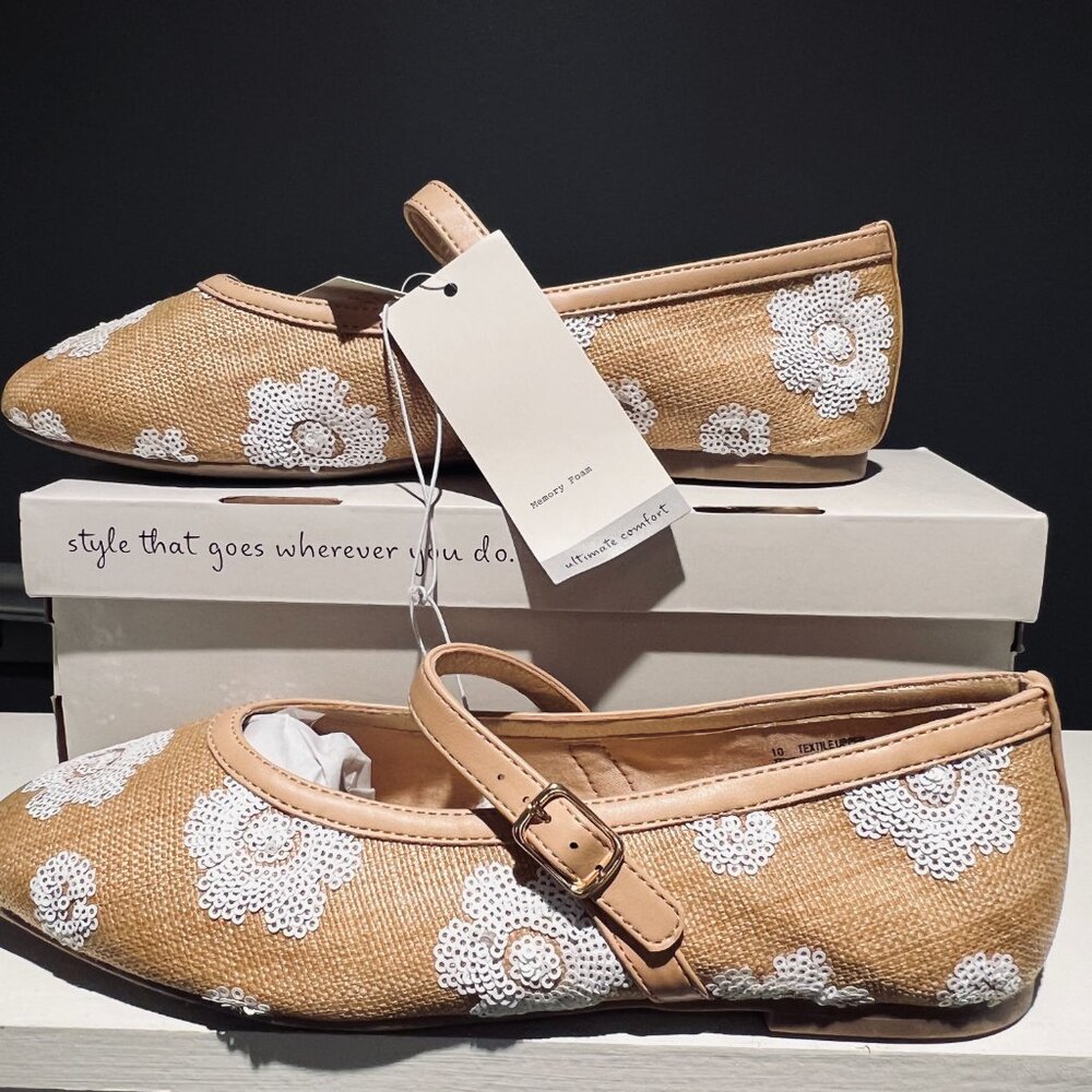 A New Day Raffia Floral Sequin Mary Jane Flats – Tan – Size  9.5